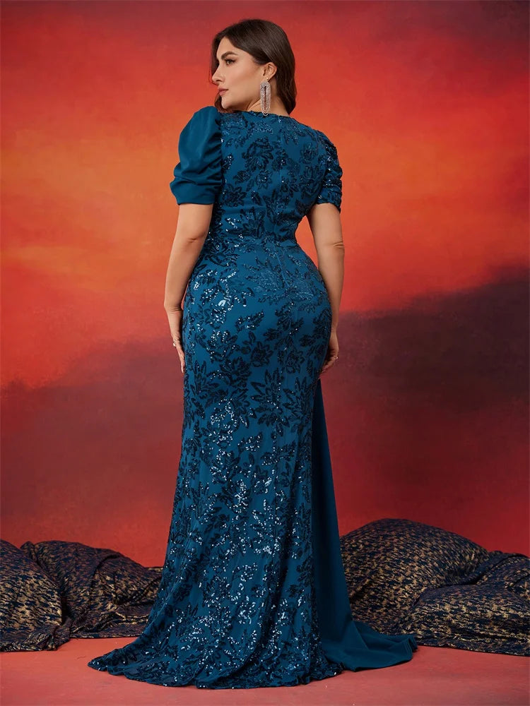 Plus Size Elegant V-neck Sequins Evening Dress Women Short Sleeves Mermaid Formal Luxury Party Streamer Prom Dress