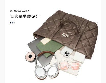 Large Soft Puffer Bag Women Big Size College Students Laptop Book Quilted Tote Bag Lady Down-filled Shopping School Bags
