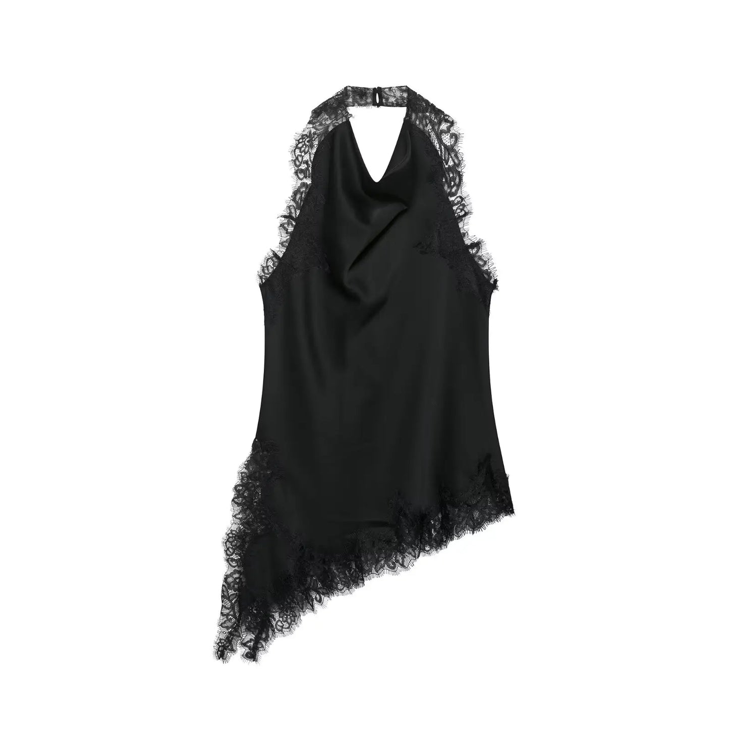 2026 Spring Women Backless Sexy Lace Splicing Halter Neck Top Summer Female Off Shoulder Asymmetrical Satin Camisole