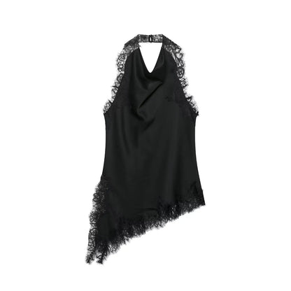 2026 Spring Women Backless Sexy Lace Splicing Halter Neck Top Summer Female Off Shoulder Asymmetrical Satin Camisole