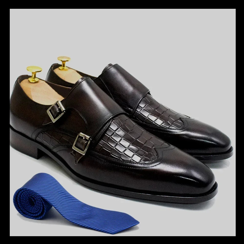 Classic Men's Genuine Leather Dress Shoes Double Buckle Monk Strap Wingtip Crocodile Print Business Office Formal Footwear Man
