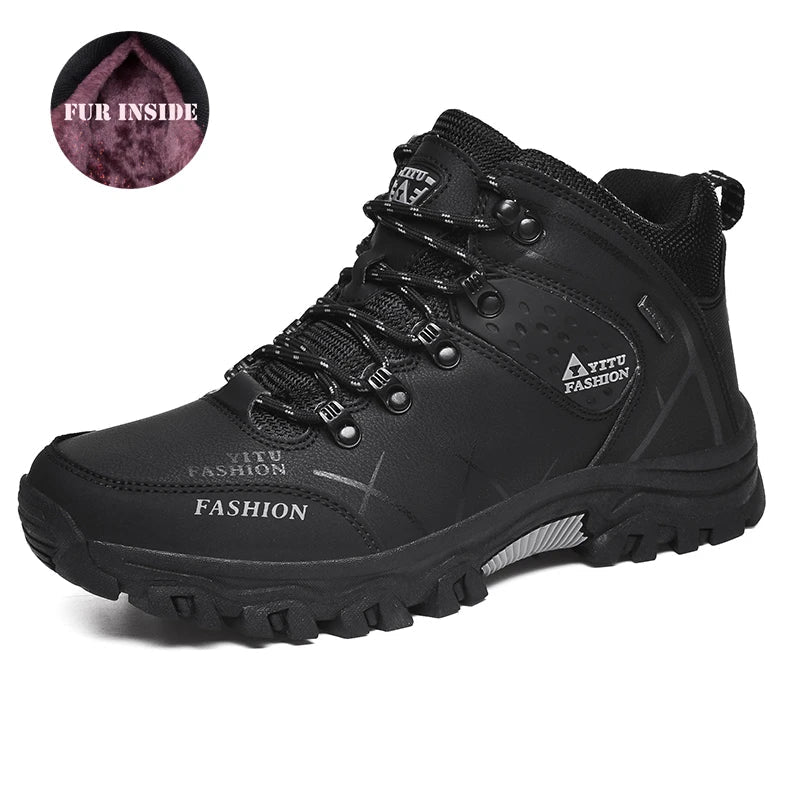 Winter Warm Cotton Shoes Men Outdoor Leather Black Casual Shoes Fur Sneakers High Top Rubber Ankle Boots Male Hiking Trekking 46