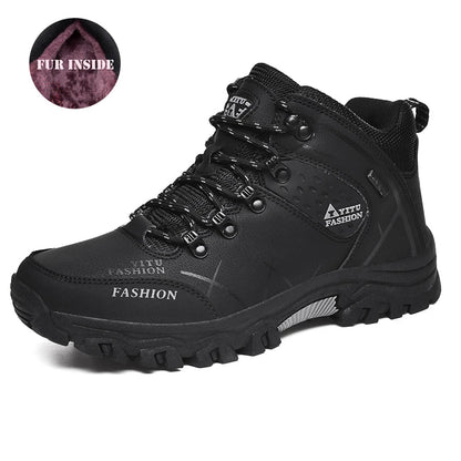 Winter Warm Cotton Shoes Men Outdoor Leather Black Casual Shoes Fur Sneakers High Top Rubber Ankle Boots Male Hiking Trekking 46