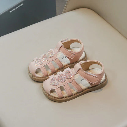 Kid Shoes Children Sandals Bling Heart-shape Summer Girl Princess Shoe Flat Heel Sandals Children Girls Performance Shoes I03022