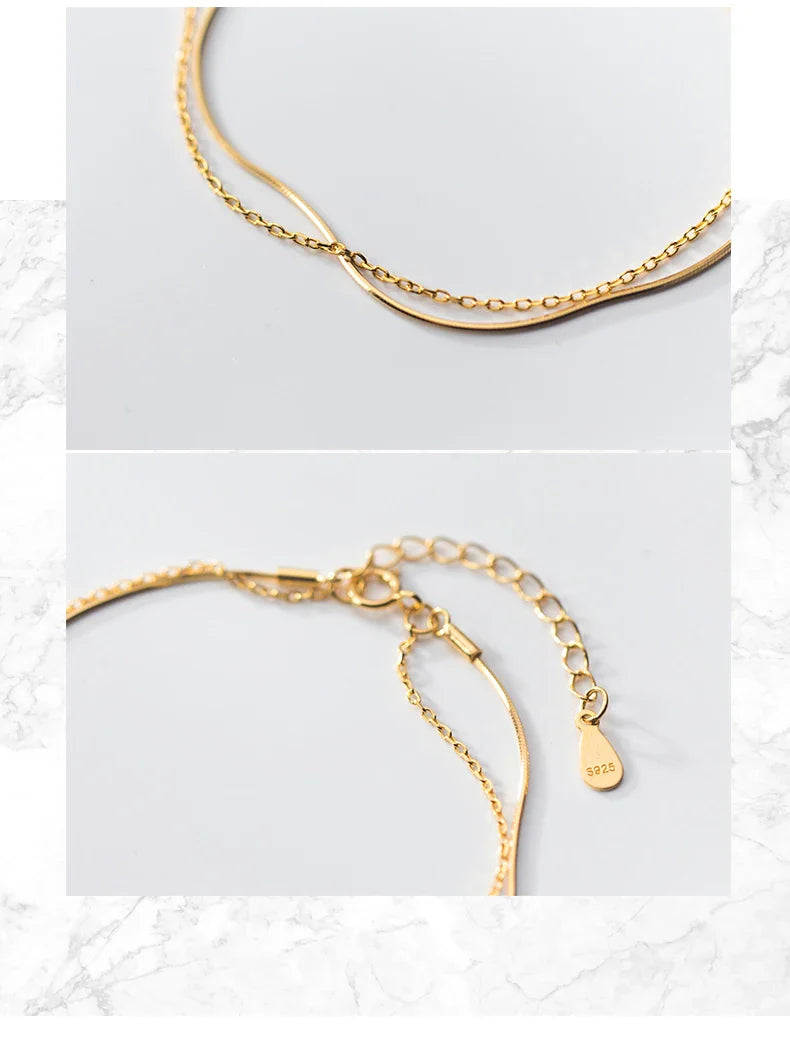 New 925 Sterling Silver Gold Color Double Layer Naked Chain Bracelet for Women Fashion Link Chain Original Fine Jewelry