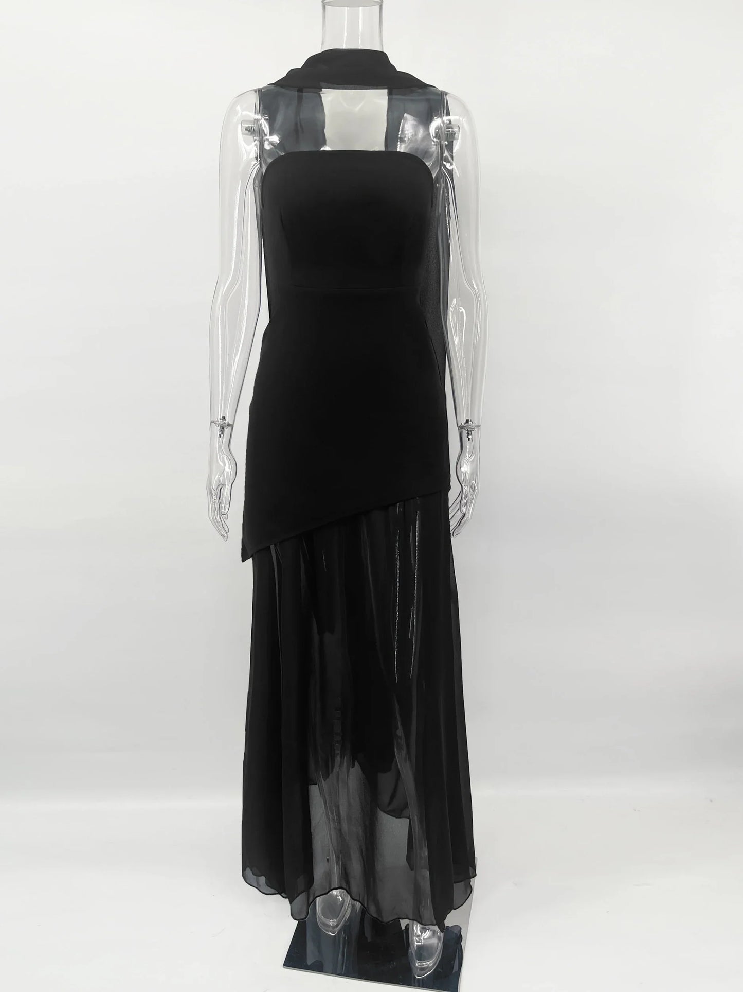 Fashion Strapless Dress With Ribbon Female Elegant Sleeveless Mesh Beach Vacation Long Dress 2025 Spring New Women Dress