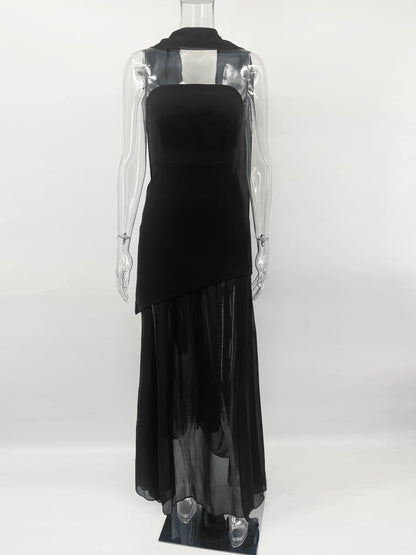 Fashion Strapless Dress With Ribbon Female Elegant Sleeveless Mesh Beach Vacation Long Dress 2025 Spring New Women Dress
