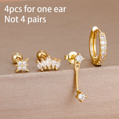 4PCS Stainless Steel Circle Huggie Hoop Earrings Set for Women Gold Color Unique Zircon Flower Stud Earring Piercing Jewelry