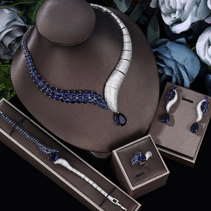2024 Novo Conjunto de Joias de Luxo 4 Peças com Zircônia Cúbica para Noiva, Conjunto de Colar com Cristais, Conjunto de Joias de Dubai, Nigéria