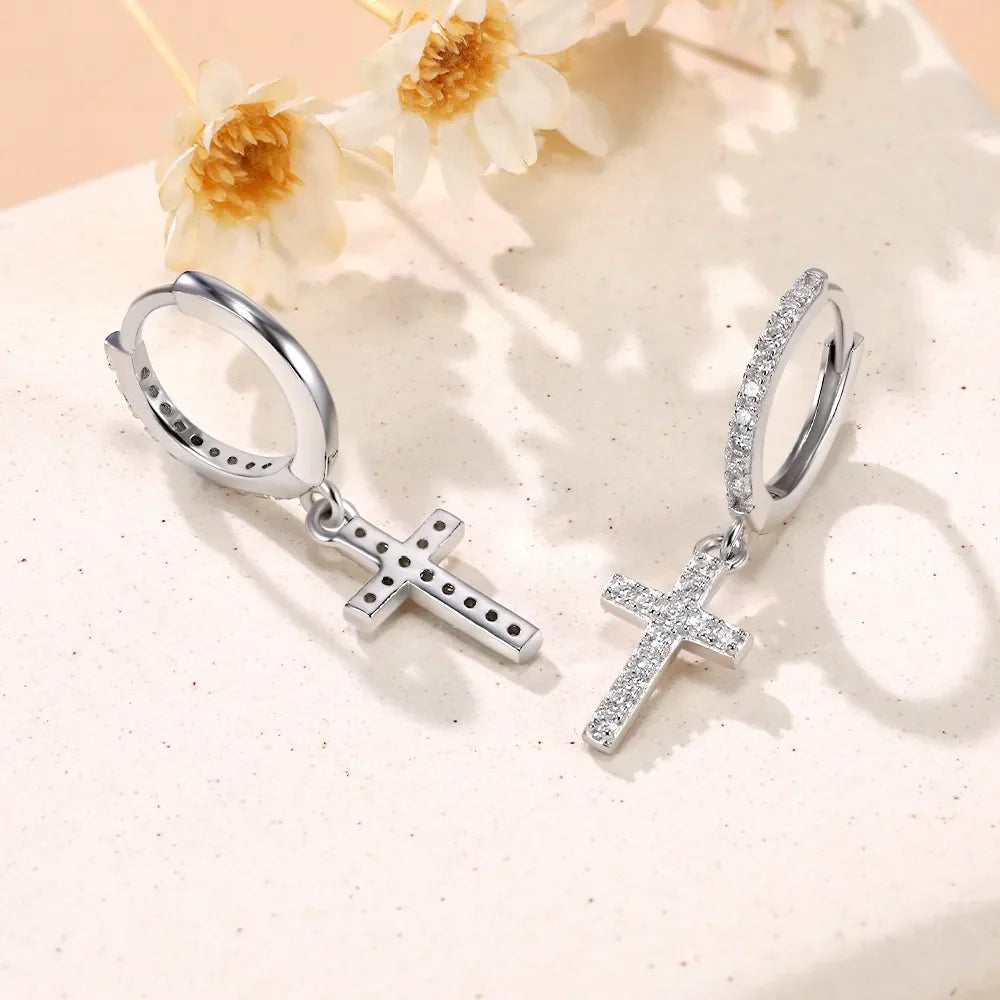 Full Moissanite Earrings for Men/Women Cross Drop 925 Sterling Silver Hoop Earrings D Color VVS1 Hip Hop Couple Jewelry