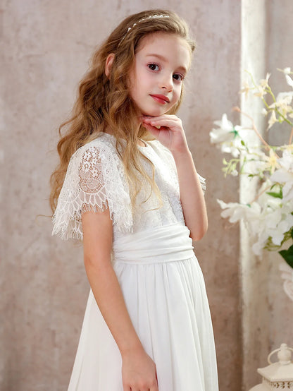 Girls White Lace Short Sleeve Crew Neck Formal Dress Heart Cutout Back Chiffon Maxi Gown Flower Girl Dress for Wedding
