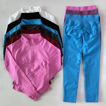 Women 2pcs Yoga Sets Long Sleeve Jacket Sport Top With Half Zip High Waisted Leggings Fitness Suits Seamless Running Workout Set