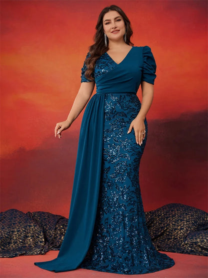 Plus Size Elegant V-neck Sequins Evening Dress Women Short Sleeves Mermaid Formal Luxury Party Streamer Prom Dress