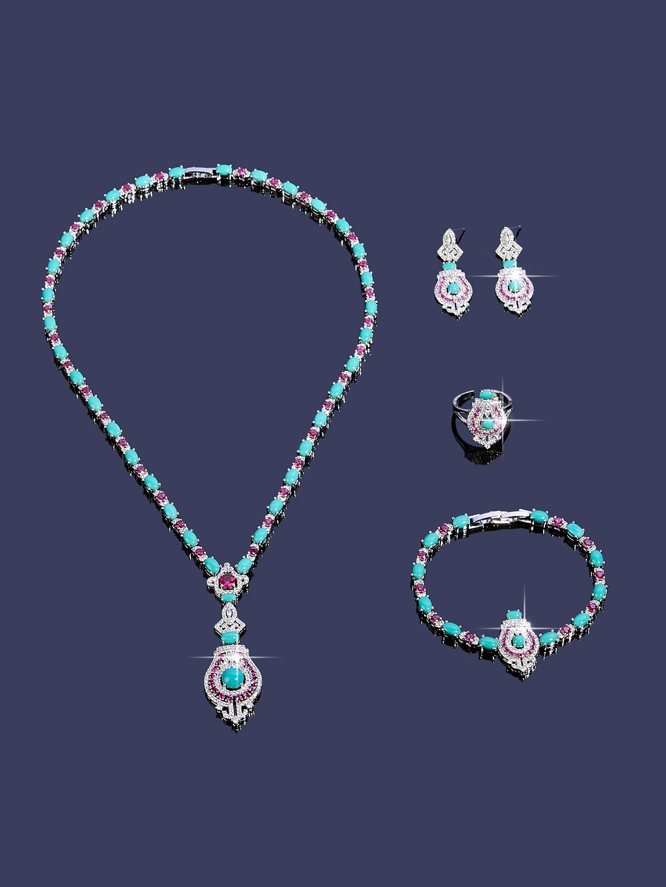 4 Pieces Luxury Blue Turquoise Cubic Zirconia Bridal Jewelry Set Nigeria Dubai Bridal Jewelry Accessories