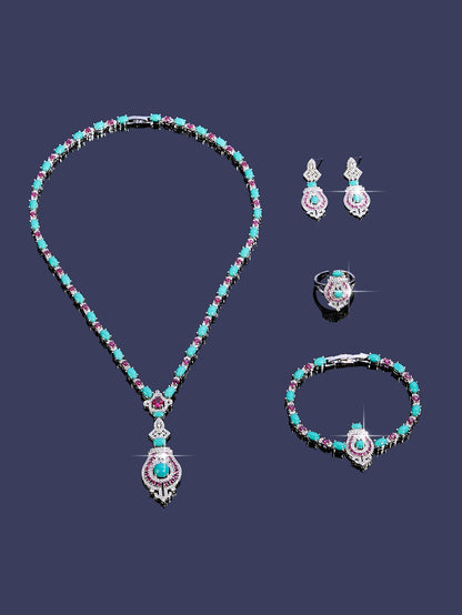 4 Pieces Luxury Blue Turquoise Cubic Zirconia Bridal Jewelry Set Nigeria Dubai Bridal Jewelry Accessories