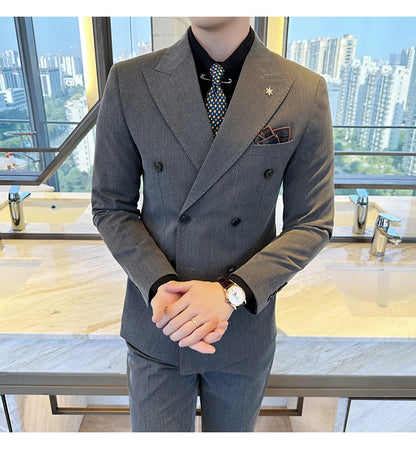 (Jackets+Pants) Luxury Double Breasted Design Slim Fit Suit High Quality Fashion Men's Wedding Social Suit Tuxedo 2 Piece Set