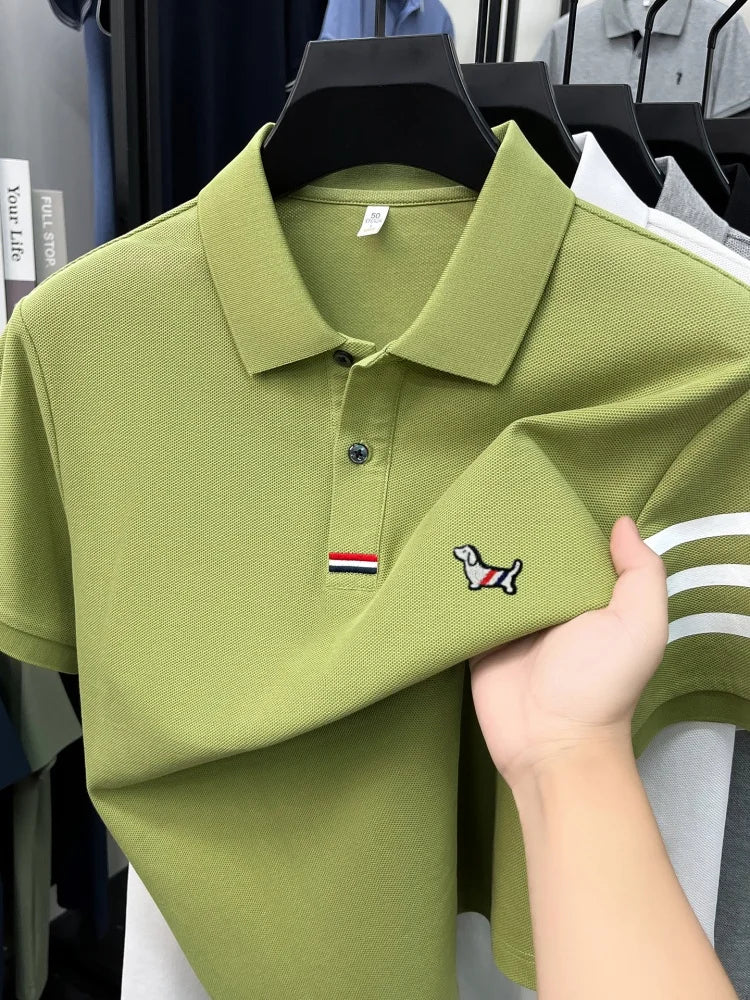100% pure cotton short sleeve high-end brand cartoon dog embossed men's T-shirt summer new Korean casual breathable polo shirt