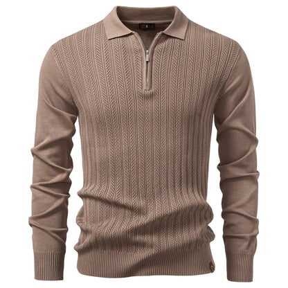 Zip Placket Polo Shirt Men Premium Solid Color Slim Fit Long Sleeve Textured Fabric Business Casual Autumn Winter
