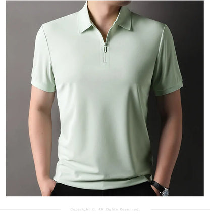 Men's Half-Zip Polo Shirt Light Beige Breathable Casual Slim Fit Stretch Cotton Classic Collar Business Casual Tops