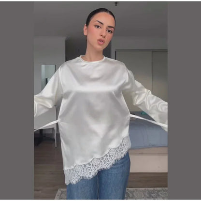 Women's Satin Blouse With Lace Trim Fashion O-neck Long Sleeve Lace Up Waist Irregular Tops 2026 Spring New Chic Lady Streetwear