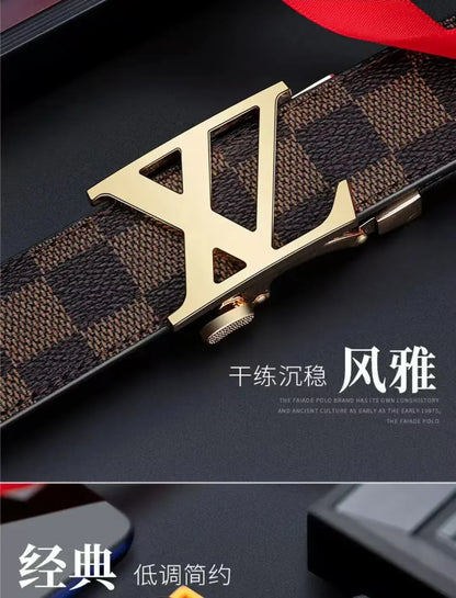 Men's Genuine Leather Belt Business Casual Automatic Buckle Checker Pattern Cowhide Trousers Belt