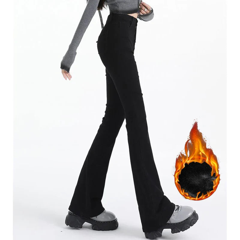 Winter Girls Chic Thermal Plush High Waist Flared Jeans