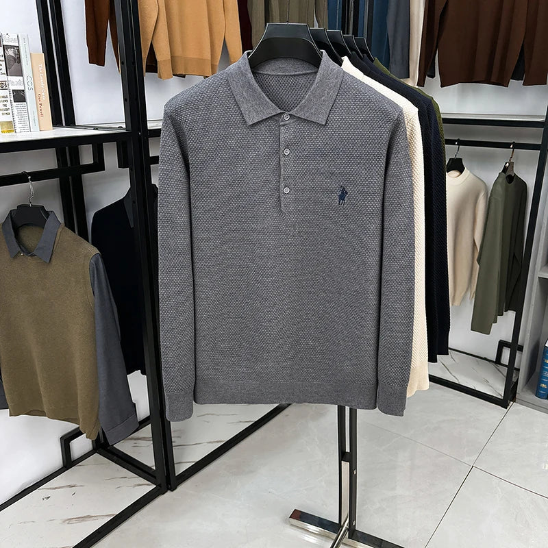 High-end Quality Men's Casual Outdoor Pineapple Pattern Knitted Long-sleeve Polo Shirt (eco-cotton, No Shrinkage No Deformation)