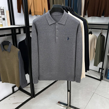 High-end Quality Men's Casual Outdoor Pineapple Pattern Knitted Long-sleeve Polo Shirt (eco-cotton, No Shrinkage No Deformation)