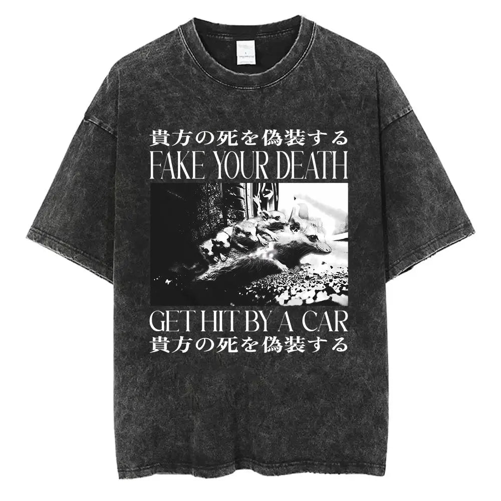 I Do Not Think Therefore I Do Not Am T-shirt Funny Japanese Style Opossum Vintage Washed T Shirt Unisex Fashion Humor T-shirts