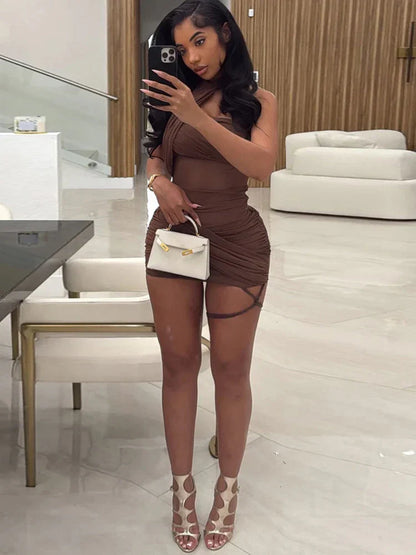 Backless Summer Trend See Through Sexy Dress Women Y2K Cross Bandage Halter Sleeveless Midnight Clubwear Mini Bodycon