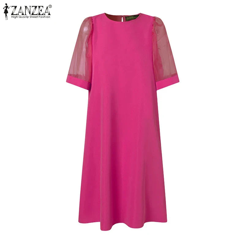 Women Vintage Vestidos Solid Mesh Patchwork Sundress Casual Summer Mini Dress Party Ruffle Short Sleeve Loose Dresses