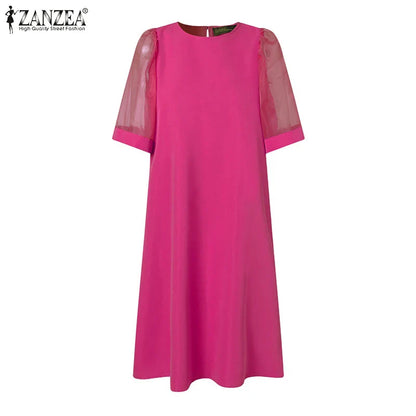 Women Vintage Vestidos Solid Mesh Patchwork Sundress Casual Summer Mini Dress Party Ruffle Short Sleeve Loose Dresses
