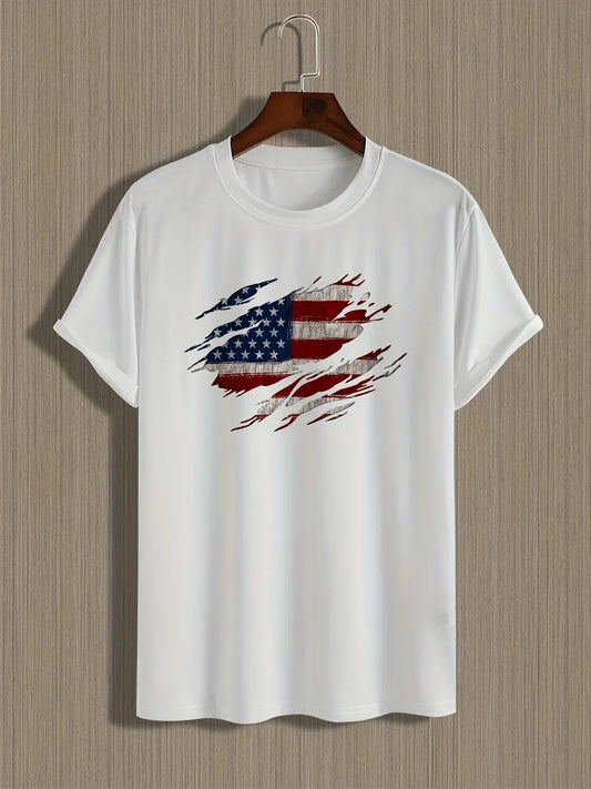Stylish American flag print men's summer casual loose fit 100% pure cotton crew neck short sleeve T-shirt, trendy T-shirt