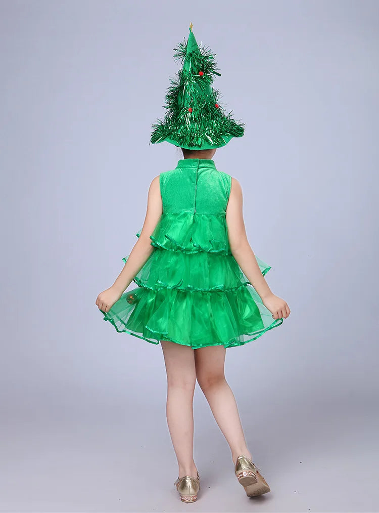 2 4 6 8 10 Yrs Fancy Christmas Tree Dress for Little Girls Xmas Party New Year Frock Kids Santa Claus Lovely Pinetree Ball Gown