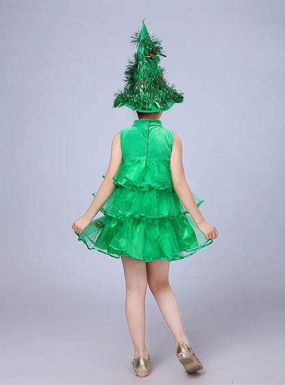 2 4 6 8 10 Yrs Fancy Christmas Tree Dress for Little Girls Xmas Party New Year Frock Kids Santa Claus Lovely Pinetree Ball Gown