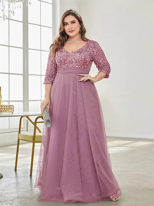 plus Size Luxury Floor Length V-Neck Evening Dress 2025 Women Elegant Party Maxi Dress Sequins Short Sleeves Prom Cocktail Gown