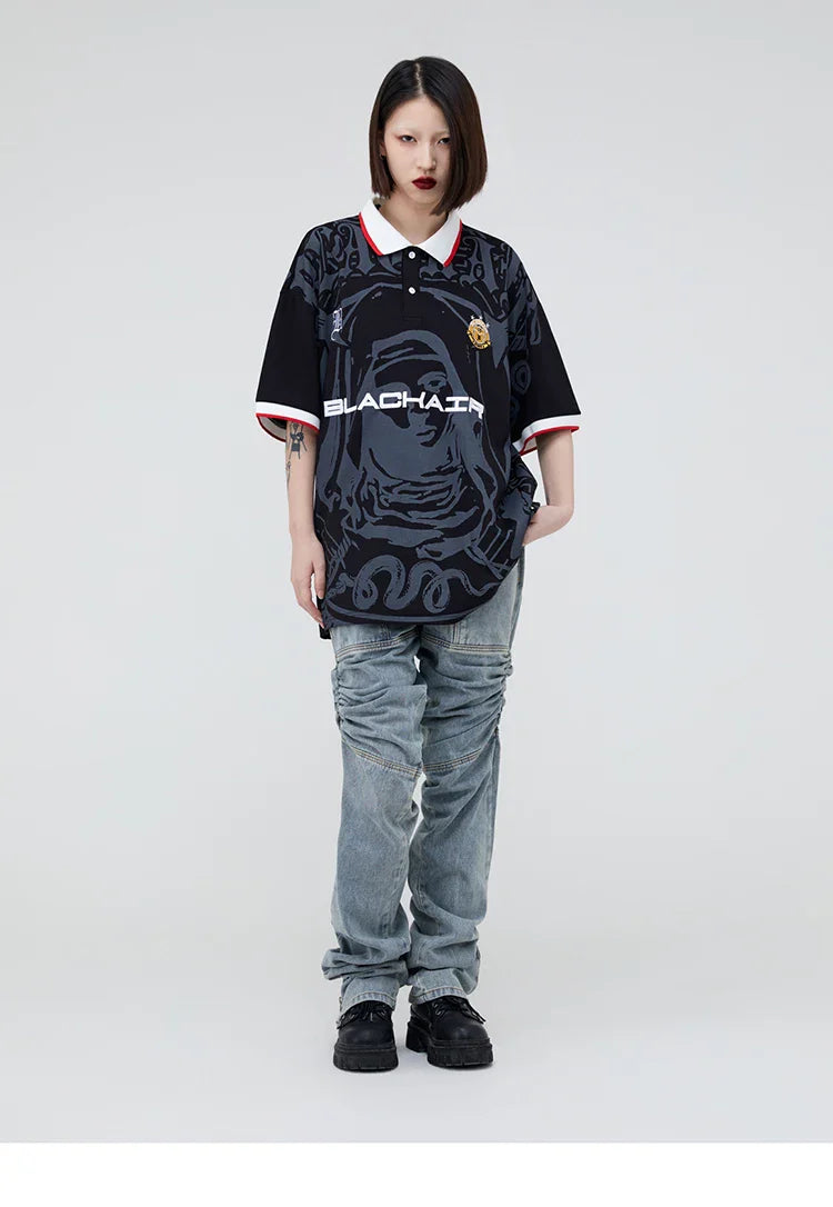 Hip Hop Streetwear Polo T-Shirt Virgin Mary Graphic T Shirt Men Polo Shirt Short Sleeve Harajuku Cotton Tops Tees Red Grey