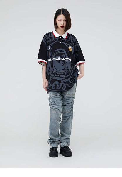 Hip Hop Streetwear Polo T-Shirt Virgin Mary Graphic T Shirt Men Polo Shirt Short Sleeve Harajuku Cotton Tops Tees Red Grey