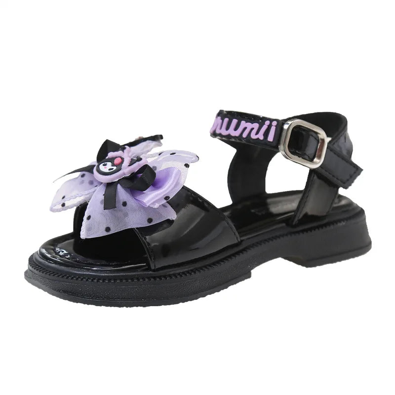 Kids'Sandals Kuromi PU Leather Bow Flat Spring Shoes For Girls Anti-slip Soft Thick Bottom White Black Shoes Size 25-36