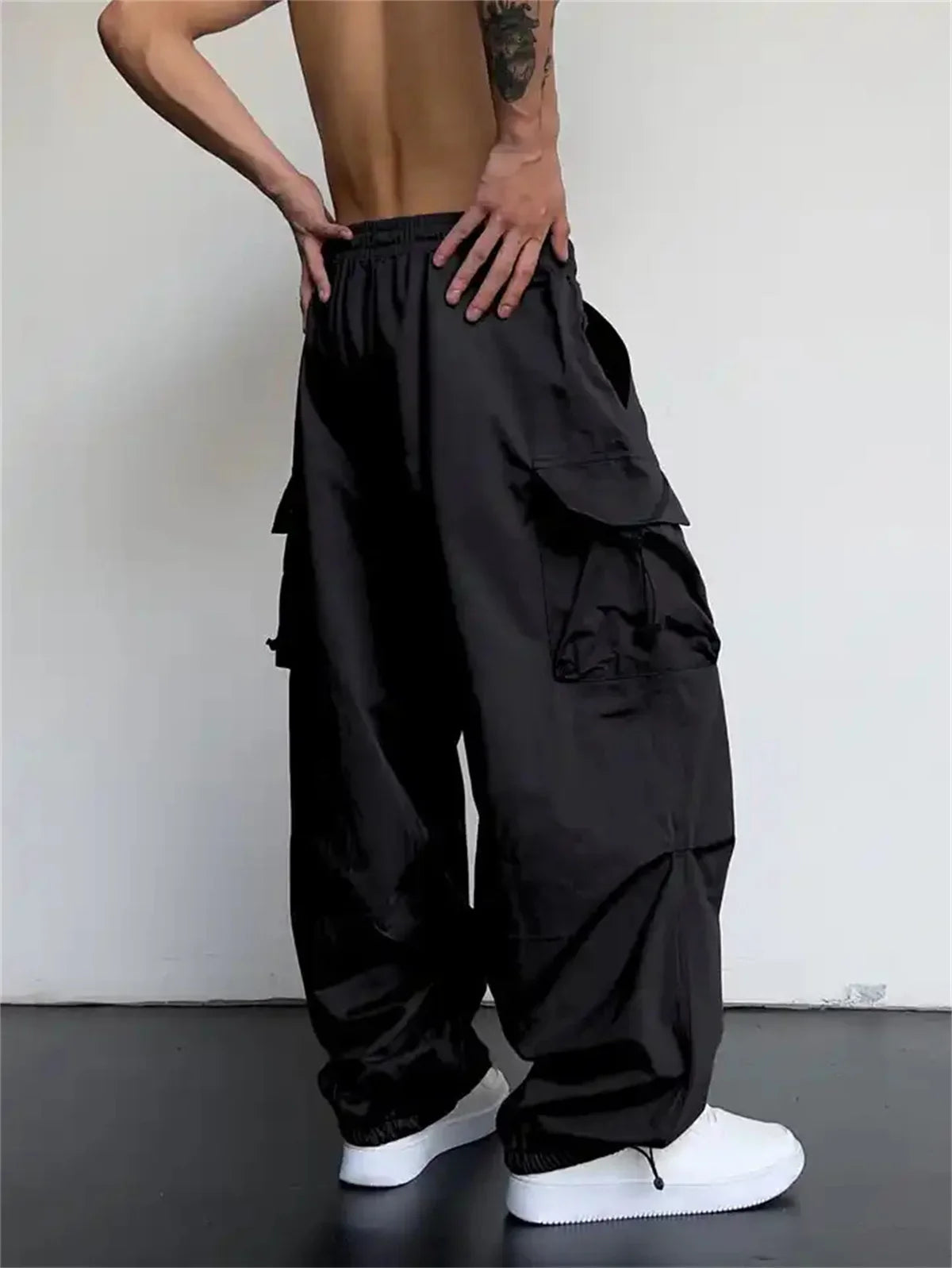 Black Men's Hip Hop Cargo Pants Casual Summer Solid Multiple Pockets Trousers Cool Ribbons Techwear Hip Hop Sweatpants Boys