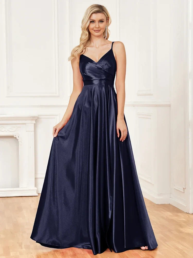 Luxury V-Neck Satin Sleeveless Blue Formal Evening Dress 2024 Women Elegant Sexy Slip Wedding Party Long Prom Dress