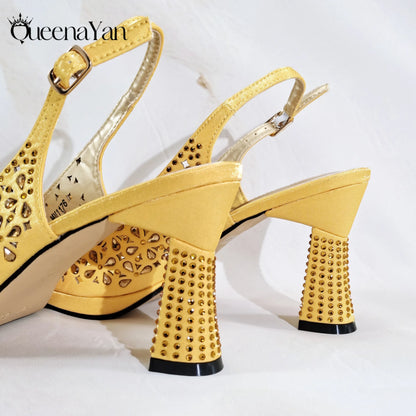 Elegant Mature Style Purple Rhinestone Design Women's Peep Toe High Heels With Matching Handbag Set for Party Wedding or Wokr