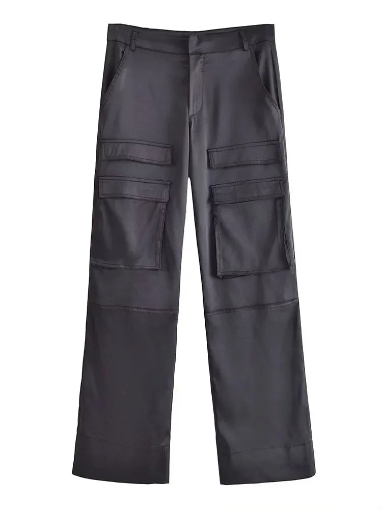 Women Fashion with Pockets Versatile High-waist Slim Multi-pocket Silk Satin Texture Straight Overalls