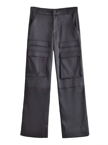 Women Fashion with Pockets Versatile High-waist Slim Multi-pocket Silk Satin Texture Straight Overalls