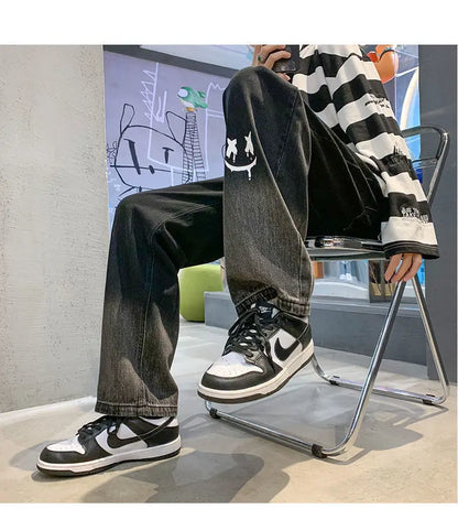 Harajuku Smile Print Baggy Pants Men Streetwear Wide Leg Oversize Jeans Vintage Y2k Straight Long Trousers Male 2024 Fashion