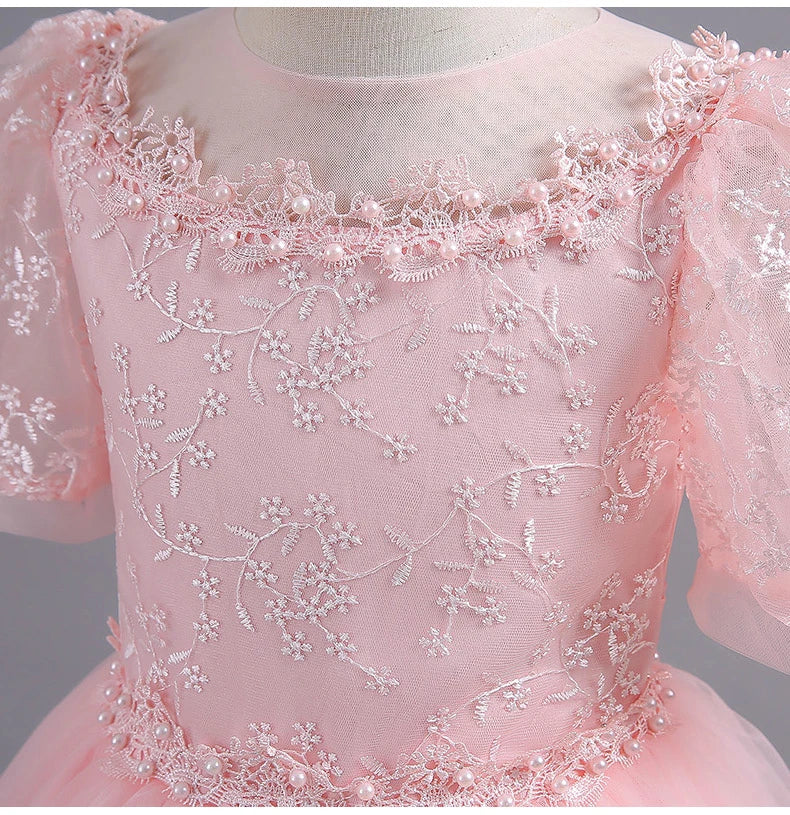 8901 Vestido Infantil para Meninas de 4 a 12 anos Princesa Lantejoulas Manga Bufante Longo Tule Florista Casamento Verão Pequeno
