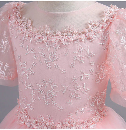 8901 Vestido Infantil para Meninas de 4 a 12 anos Princesa Lantejoulas Manga Bufante Longo Tule Florista Casamento Verão Pequeno