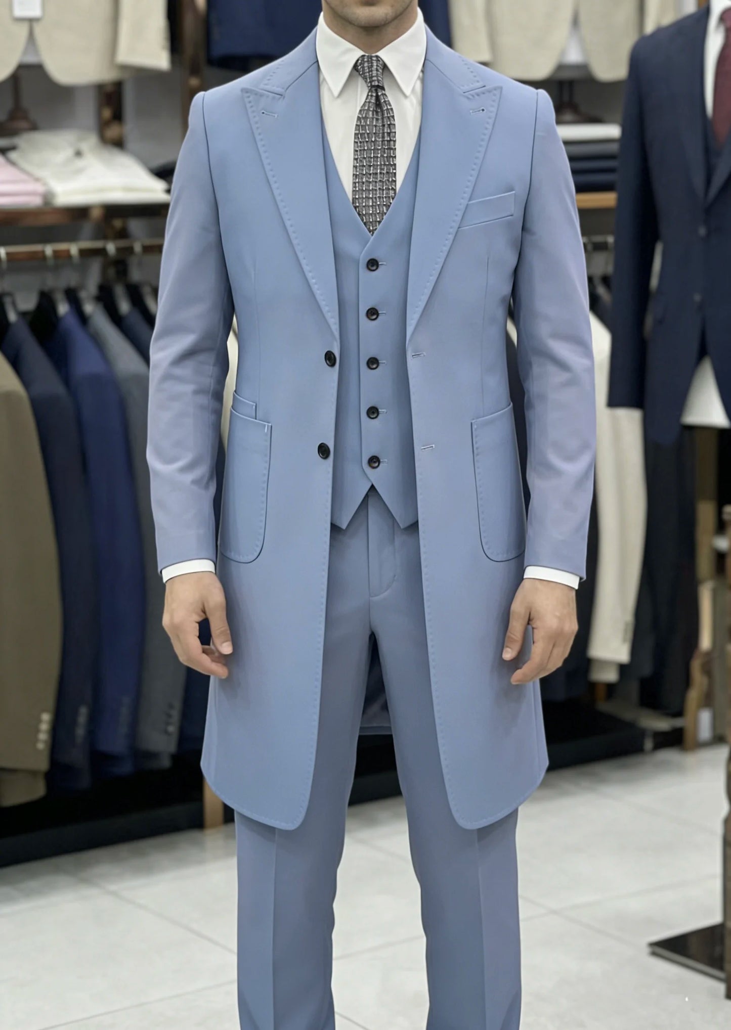 2026 New Fashion Men's Burgundy Blue 3-Piece Suit Long Blazer Vest Pants Set  Set Slim Fit Formal Wedding Groom