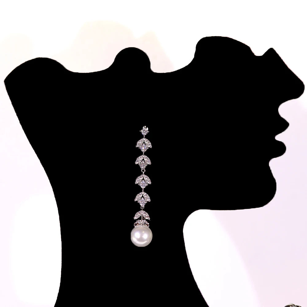 3A Cubic Zirconia Silver Color Tassel Necklace Luxury Pearl Jewelry Sets Bridal Dubai Wedding PROM Accessories