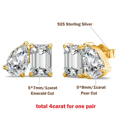 4cttw Radiant/Emerald&Pear Cut Moissanite Stud Earring with Certificate 2Diamond Ear Studs for Women Wedding S925 Silver Jewelry